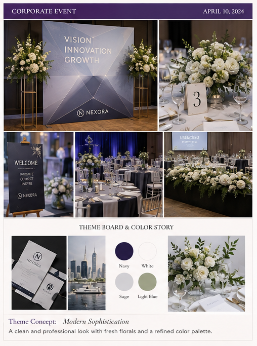 Opening party and corporate event design concept featuring branded backdrop, floral decor and tablescape